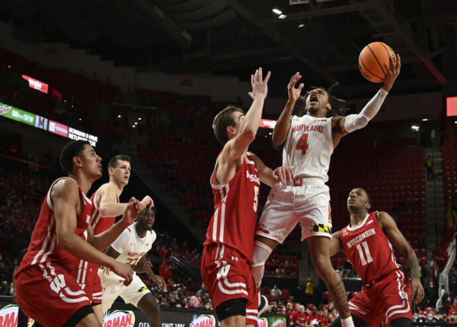 Maryland's Fatts Russell (4) shoots as Wisconsin's Tyler Wahl defends in the second half of UW's 70-69 victory.