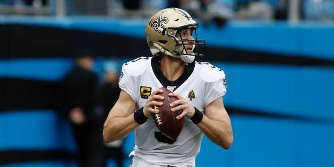 New Orleans Saints quarterback Drew Brees (9) looks to pass against the Carolina Panthers during the first half of an NFL football game in Charlotte, N.C., Sunday, Dec. 29, 2019.