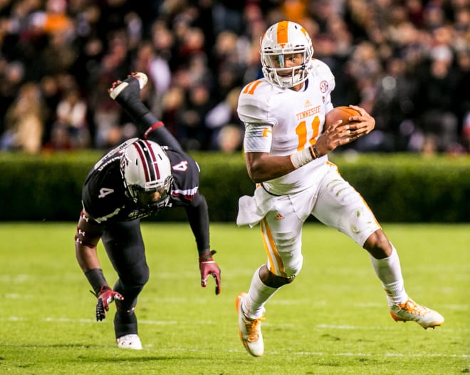 Tennessee quarterback Josh Dobbs helped lead a comeback win over South Carolina in 2014. 