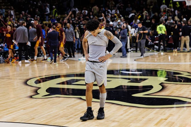 KJ Simpson takes a moment after the loss to ASU at the CU Events Center on Dec. 1.