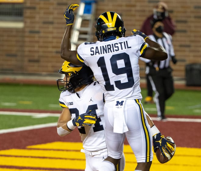 Michigan Wolverines football sophomore wide receiver Mike Sainristil caught one pass for 11 yards against Minnesota.
