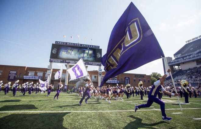 James Madison takes the field prior to a game earlier this season at Bridgeforth Stadium.