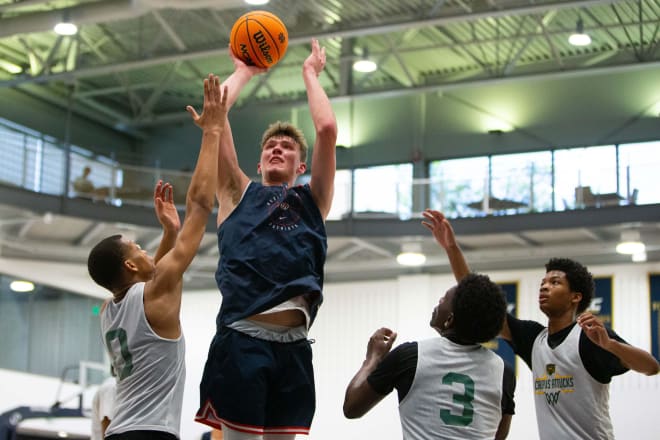 Notre Dame 2025 recruiting target Trent Sisley of Heritage Hills High puts up a shot in the ND team camp against South Bend Washington.