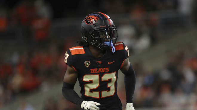 Oregon State defensive back Jermod McCoy (23) plays during the second half of an NCAA college football game against UC Davis Saturday, Sept. 9, 2023, in Corvallis, Ore. Oregon State won 55-7.
