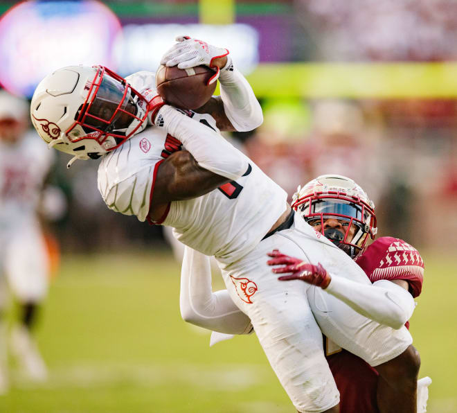 Louisville cornerback Kei'Trel Clark intercepted three passes last season, including this one against Florida State (Photo: Alicia Devine/Tallahassee Democrat via Imagn Content Services, LLC).