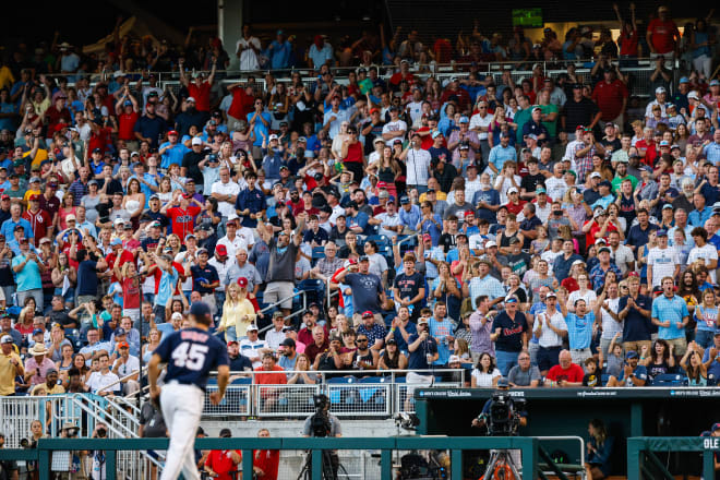 Fans react after Ole Miss pitcher Mason Nichols (45) walks off the mound during the seventh inning at Charles Schwab Field. Mandatory Credit: Jaylynn Nash-USA TODAY Sports