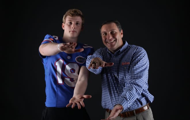 Trent Whittemore (left) after committing to Florida coach Dan Mullen. 