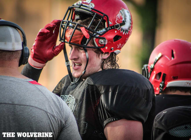 Three-star offensive tackle Karsen Barnhart worked up a sweat during a scrimmage last week.