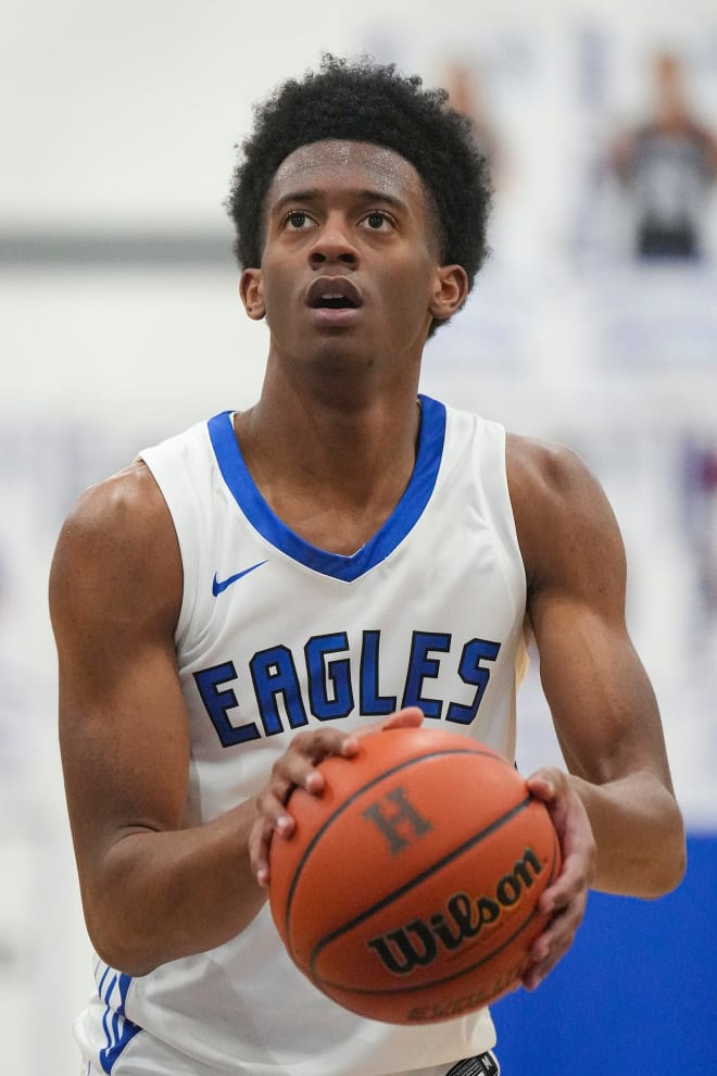 Heritage Christian Eagle Myles Colvin (11) shoots a free throw during a game against University High School on Saturday, Feb. 4, 2023, at Heritage Christian High School in Indianapolis. Heritage Christian Eagle Versus University Trailblazer In Indianapolis Saturday Feb 4 2023