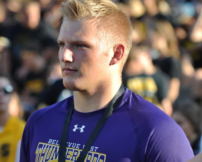 Class of 2018 offensive lineman A.J. Forbes at Kinnick Stadium on Saturday.