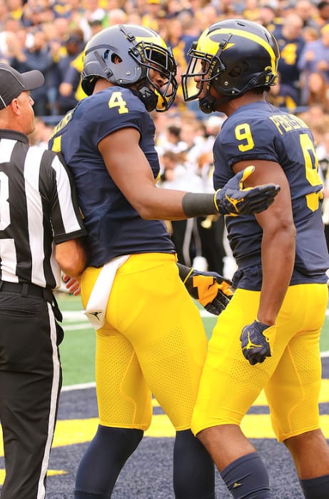 Donovan Peoples-Jones (right) hauled in eight touchdown catches in 2018, while Nico Collins brought in six.