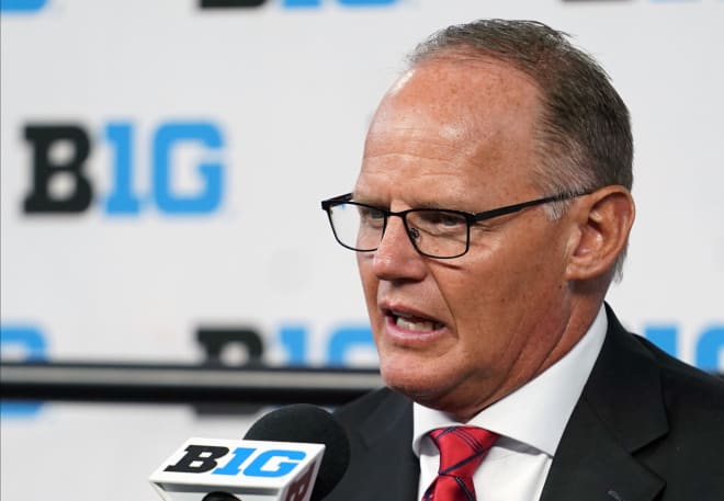 Jul 26, 2022; Indianapolis, IN, USA; Indiana Hoosiers head coach Tom Allen talks to the media during Big 10 football media days at Lucas Oil Stadium.