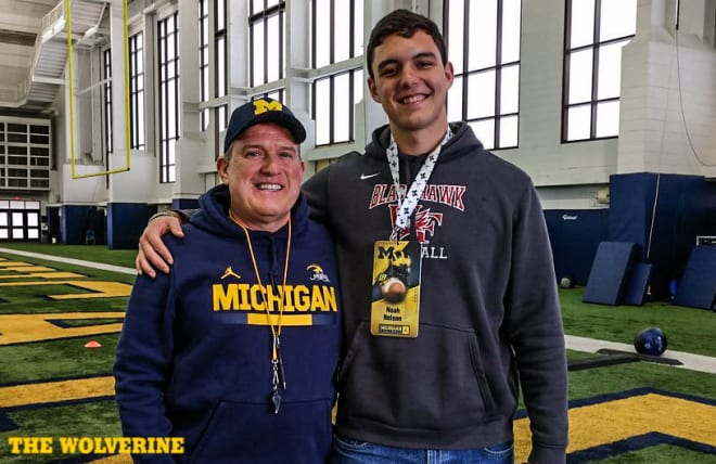 Four-star offensive tackle Noah Nelson and Michigan offensive line coach Ed Warinner had a great time getting to know each other.