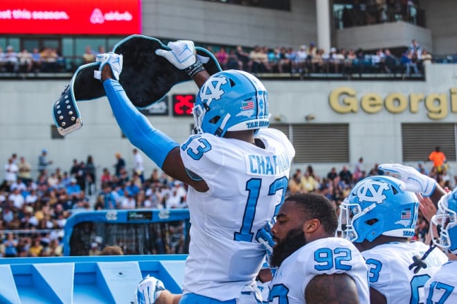 Don Chapman has three interceptions as a Tar Heel, one of which came in the Military Bowl in 2019,.