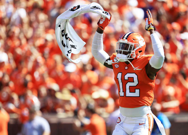 A happy K'Von Wallace is shown here celebrating another big play by Clemson's defense Saturday in Death Valley.