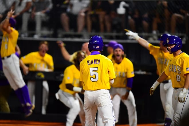 PInch-runner Drew Bianco scored the game-tying run in LSU's four-run ninth inning rally in an eventual 7-6 win in 10 innings over host Southern Miss in an NCAA Hattiesburg Regional winners bracket game Saturday night.