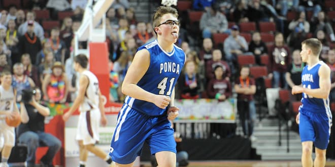Ponca won its second-ever state boys basketball title with freshman sharpshooter Carter Kingsbury (41) sending some sort of secret message to the student section. Decoded it means: just made another three-pointer.
