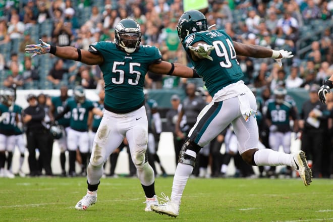Former Michigan football defensive end Brandon Graham (No. 55) had a career game, notching three sacks Sunday in a win over the Jets. 