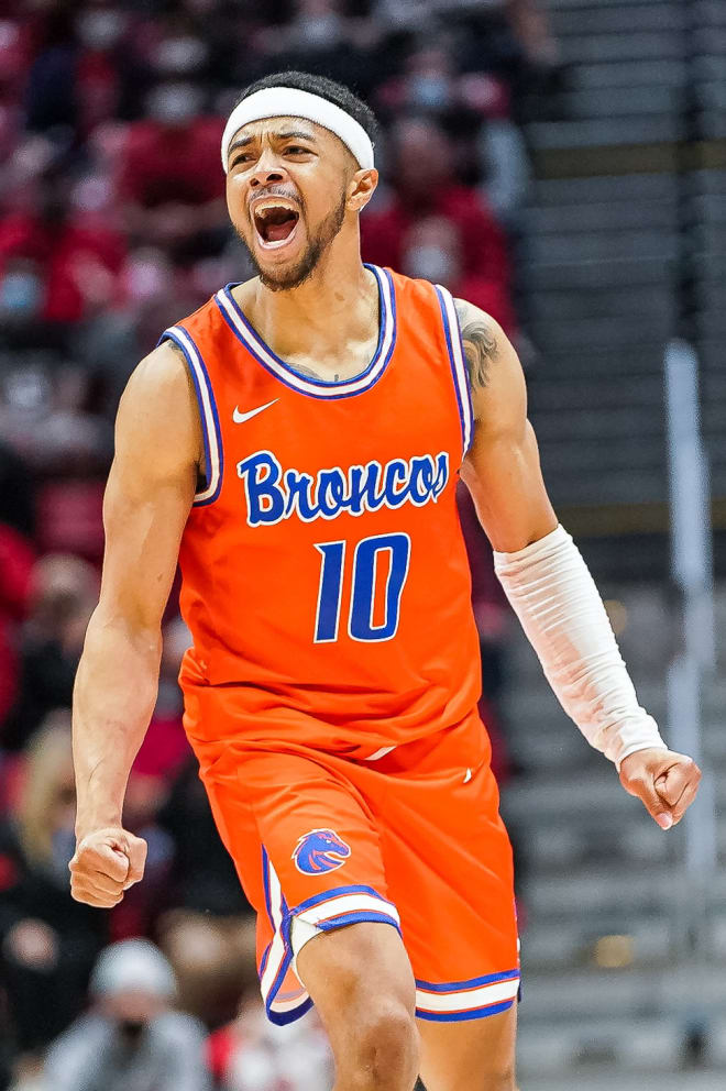 Marcus Shaver, Jr., (10) who finished with 13 points, knocked down his third 3-pointer of the game with 30 seconds remaining, putting Boise State on top 40-37…Shaver, Jr. also hit a 3-pointer to put the Broncos ahead with 1.7 seconds remaining against Utah State, Thursday…Shaver, who scored in double figures in 14 of the Broncos’ first 15 games, had finished with less than 10 points in each of the last two games before his 13 points against the Aztecs.