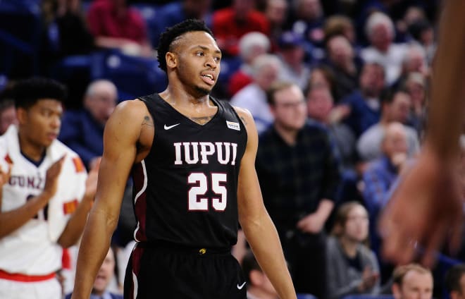 FILE-- IUPUI guard Ron Patterson (25) reacts after a foul call against IUPUI during a game against Gonzaga at McCarthey Athletic Center in 2017.  