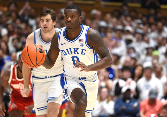 Duke freshman Dariq Whitehead pushes the ball against Ohio State on Wednesday night. 