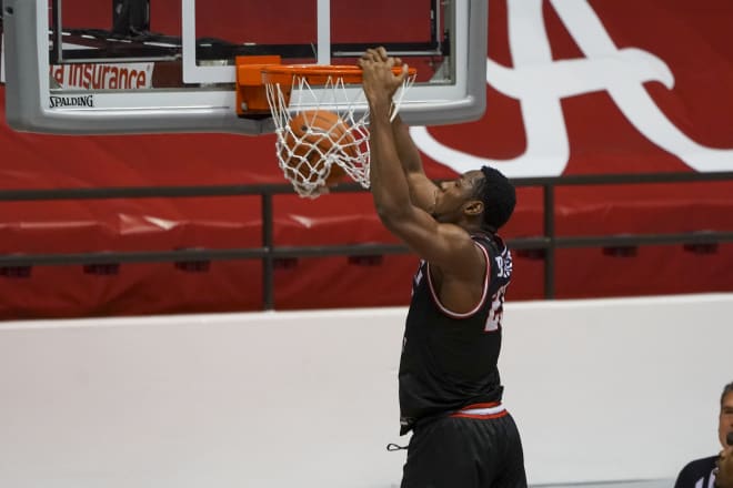 Charles Bassey slams home dunk in WKU's win at Alabama. (Photo credit © Marvin Gentry-USA TODAY Sports)