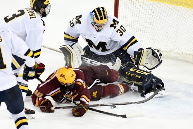 Michigan's goalie position, where it has senior Hayden Lavigne (above) and sophomores Strauss Mann and Jack Leavy, will play a crucial role in the team's success once again this year. 