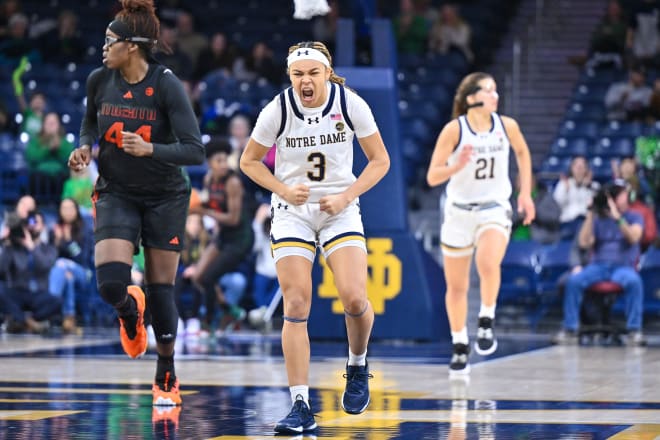 Notre Dame freshman Hannah Hidalgo gets fired up after nailing a 3-pointer Sunday against Miami.