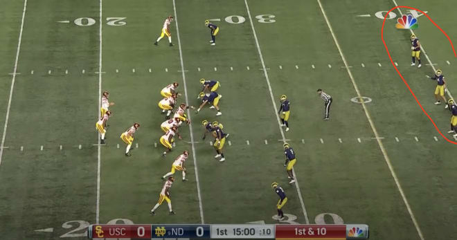 Three safeties are 15 yards off the line of scrimmage, with five defenders in the box.