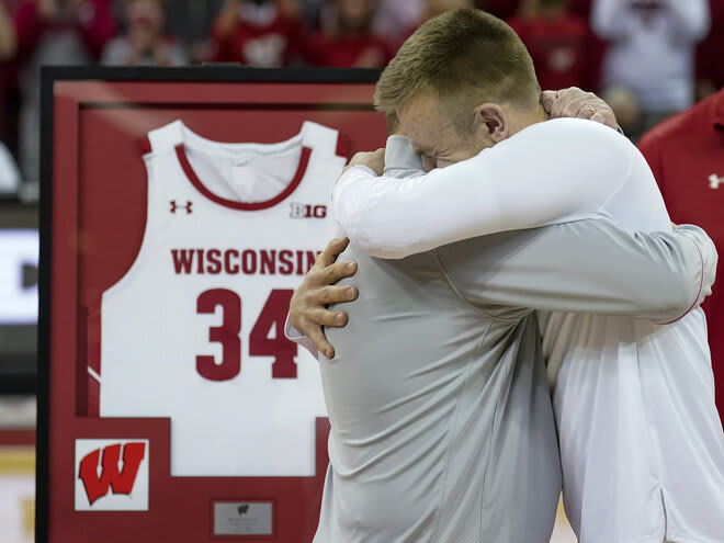 Brad Davison and Greg Gard embrace before Davison's final home game on March 6