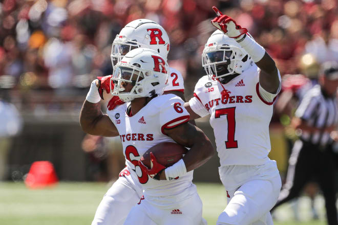 Sep 3, 2022; Chestnut Hill, Massachusetts, USA; Rutgers Scarlet Knights cornerback Christian Braswell (6) celebrates after an interception during the first half against the Boston College Eagles at Alumni Stadium.