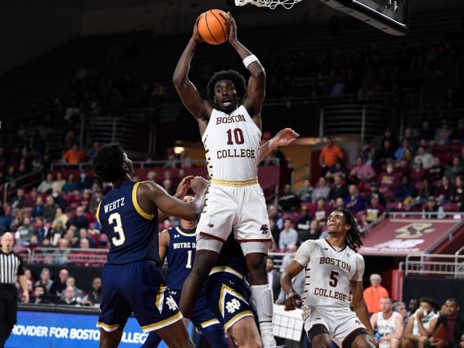 Forward Prince Aligbe grabs one of Boston College's 41 rebounds in a win over Notre Dame.