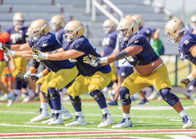 The Notre Dame offensive line shined during the first day of full pads.