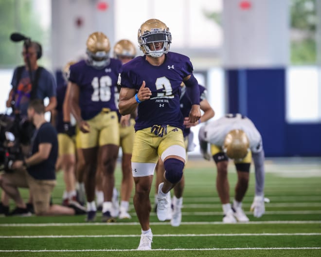 Notre Dame wide receiver Avery Davis (3) warms up on ND's first day of training camp, on Aug. 5.
