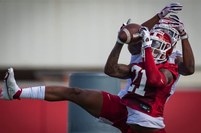 Montaric Brown comes down with an interception in Monday's practice.