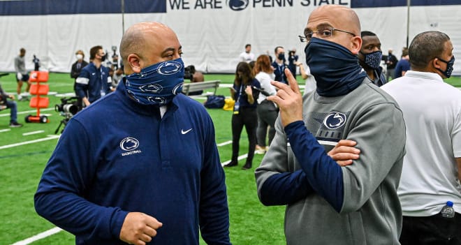 Penn State basketball coach Micah Shresberry talks with football coach James Franklin at Penn State Pro Day. 