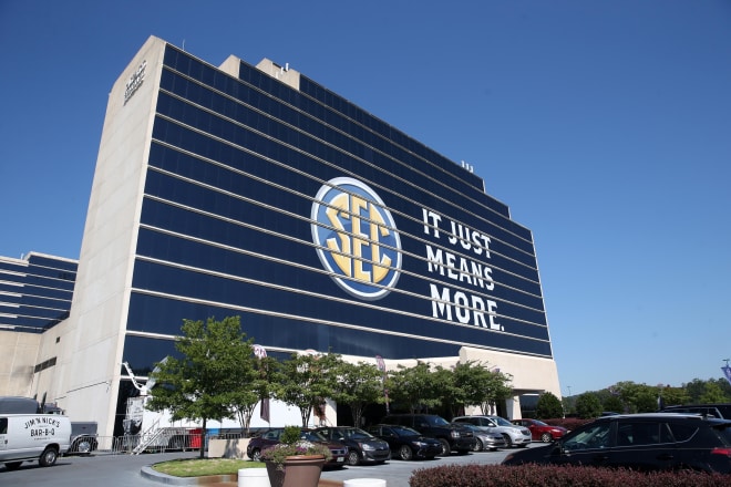 Jul 10, 2017; Hoover, AL, USA; The Southeastern Conference logo is shown on the Hyatt Regency Birmingham-The Winfrey Hotel during SEC media days at Hyatt Regency Birmingham-The Winfrey Hotel. Mandatory Credit: Jason Getz-USA TODAY Sports