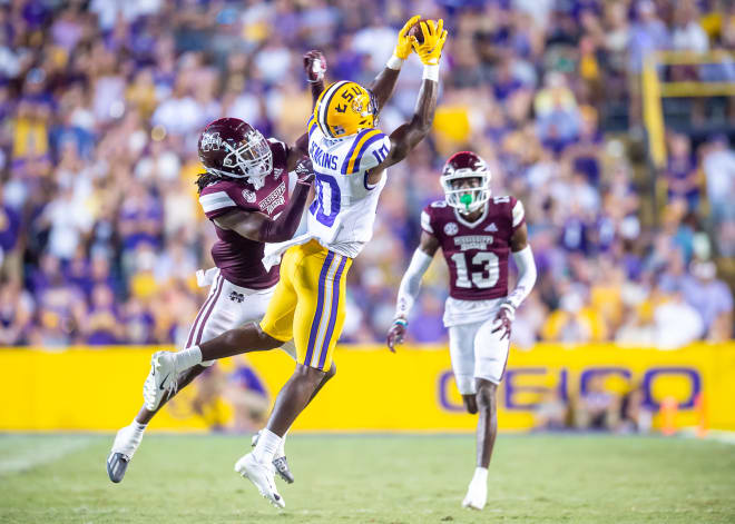 LSU wide receiver Jaray Jenkins has 13 catches (in 14 targets) for 8 first downs and 3 touchdowns in the Tigers' first four games this season.
