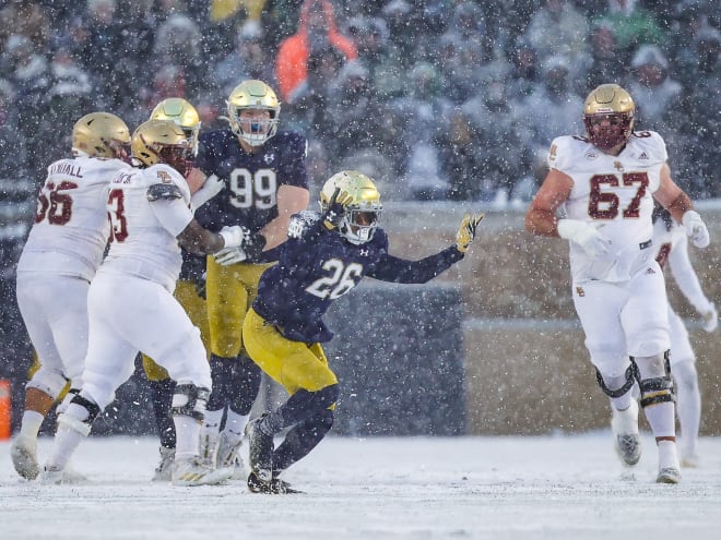 Notre Dame junior safety Xavier Watts (26) recorded his first career sack Saturday.