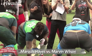 Hayes blocking the nation's No. 2 overall player Marvin Wilson at the Rivals Five-Star Challenge