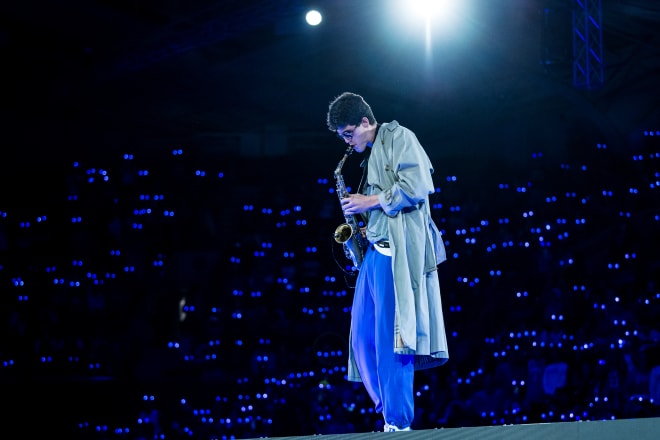 Duke's Stanley Borden plays a saxophone during last year's Countdown to Craziness. 
