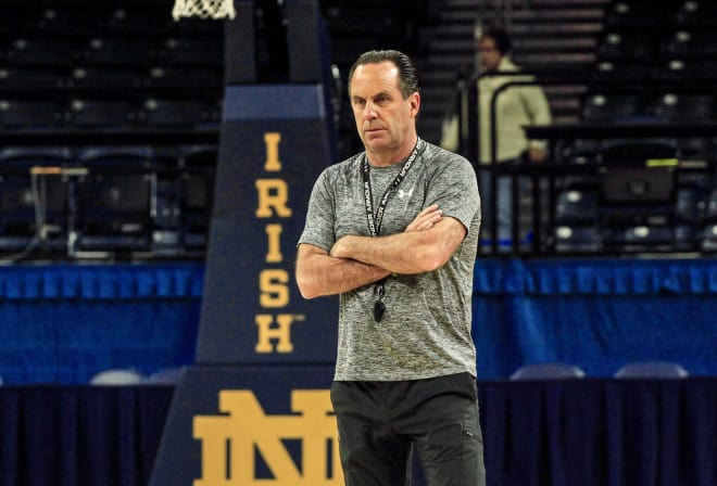 Notre Dame men’s basketball coach Mike Brey during practice