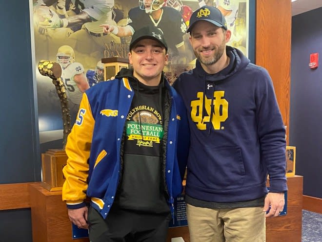 Walk-on long snapper Rino Monteforte during his recruiting visit with Notre Dame special teams coordinator Brian Mason.