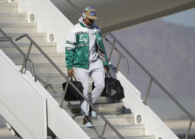 Philadelphia Eagles quarterback Jalen Hurts deplane after arriving at Goldwater Air National Guard Base. Mandatory Credit: Michael Chow-USA TODAY Sports