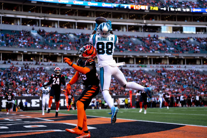 Former LSU wide receiver Terrace Marshall Jr. of the Carolina Panthers makes the first TD catch of his two-year pro career in the Panthers' 42-21 loss to the Cincinnati Bengals on Sunday.
