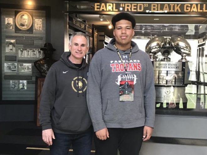 Army defensive coordinator John Loose and 3-star OL prospect Nicholas Dawkins during Saturday's unofficial visit