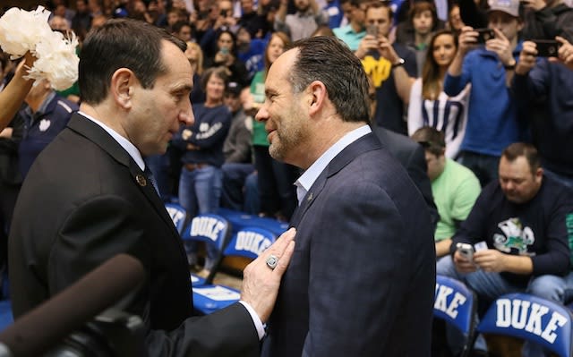 Notre Dame basketball head coach Mike Brey with Duke head coach Mike Krzyzewski