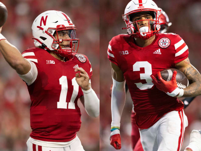 Casey Thompson (left) and Trey Palmer are on pace to become one of Nebraska's best statistical QB-WR combos of this century. (AP Photos)