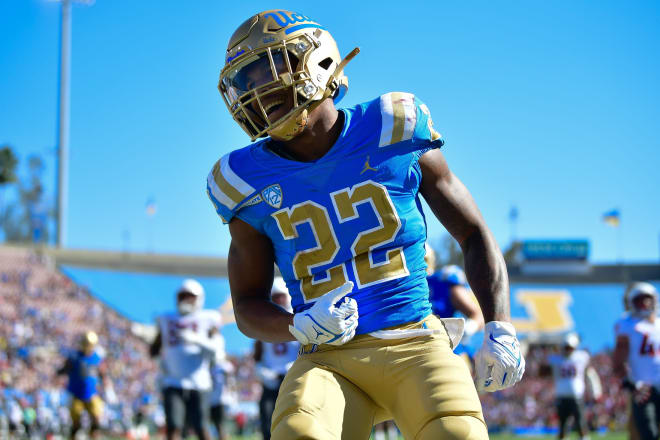 Running back/receiver Keegan Jones is all smiles after scoring one of his two touchdowns in UCLA’s 25-17 win over then-No. 13 Washington State in last Saturday’s meeting at the Rose Bowl in Pasadena.