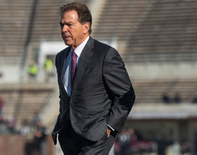 Alabama Crimson Tide head coach Nick Saban walks inside Wade Davis Stadium before a game at Mississippi State in 2019. Photo | Mickey Welsh, Montgomery Advertiser via Imagn Content Services, LLC